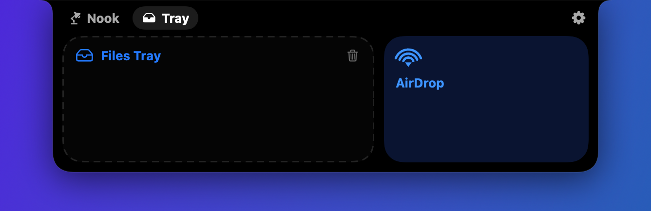 The Macinotch Files Tray holding a dropped file, next to an AirDrop shortcut